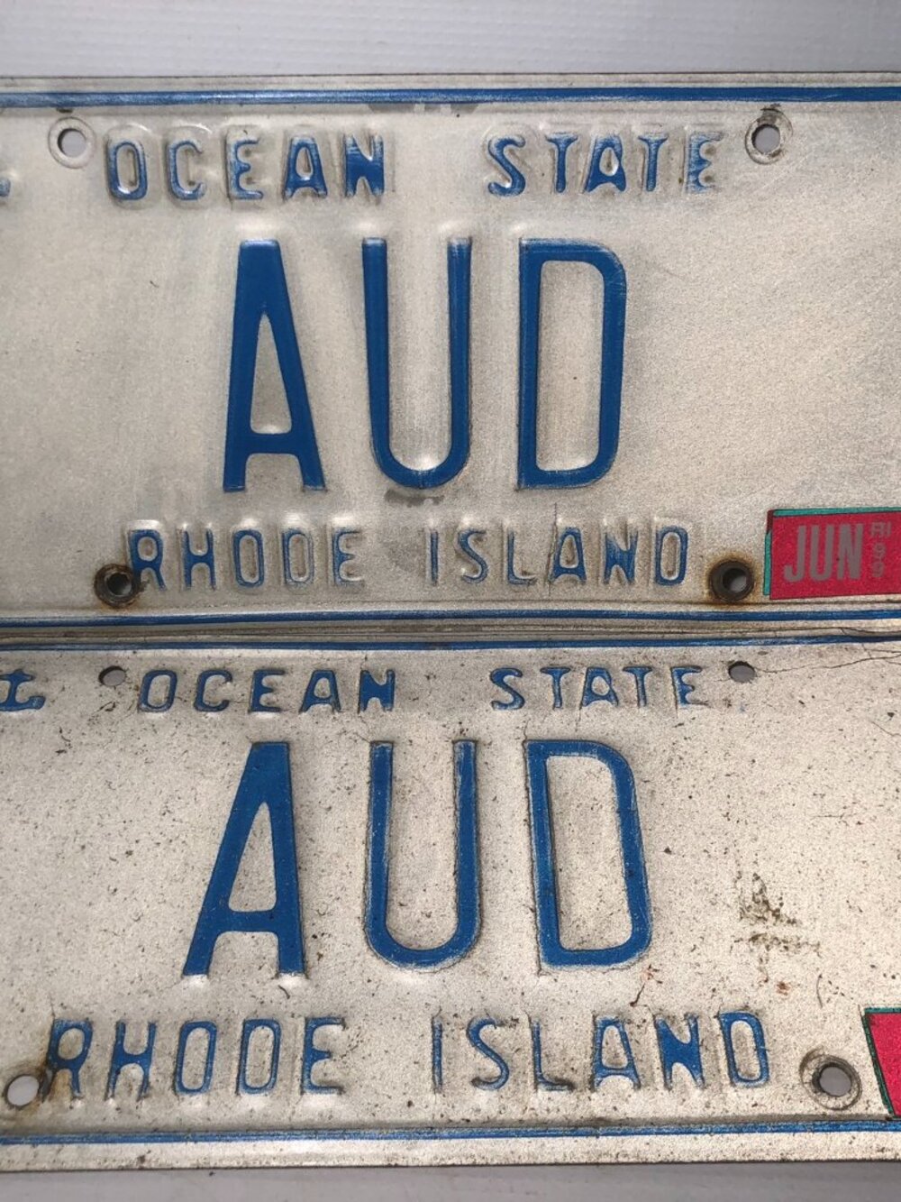 Vanity License Registration Plate Set - AUD - Audi Audrie 1999 Rhode Island